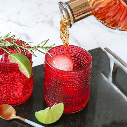 Kate Aspen Red Hobnail Vintage Drinking Glasses Set of 6-10 oz Beaded Glassware for Cocktails, Tea, Water, Juice | Ribbed Retro Glass Cups for Entertaining, Gift Giving or Bar Decor