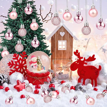 Jansun 60PCS Pink Christmas Mini Balls Ornaments Miniature Xmas Tree Hanging Decorations Small Vintage Glitter Balls for Holiday Party Outdoor Indoor DIY Craft Decor Supplies