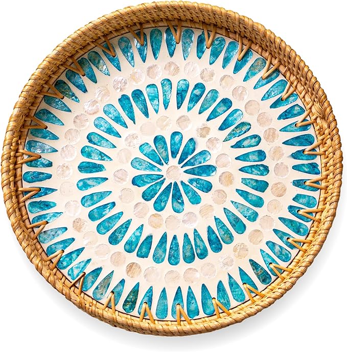 JUNGLE CULTURE Rattan Serving Tray 12" with Mother of Pearl Inlay • Coastal Boho Collection • Handcrafted Woven with Handles for Home • Round Dining Tray • Wicker Serving Basket – Ripple