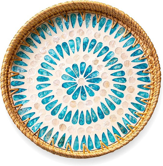 JUNGLE CULTURE Rattan Serving Tray 12" with Mother of Pearl Inlay • Coastal Boho Collection • Handcrafted Woven with Handles for Home • Round Dining Tray • Wicker Serving Basket – Ripple
