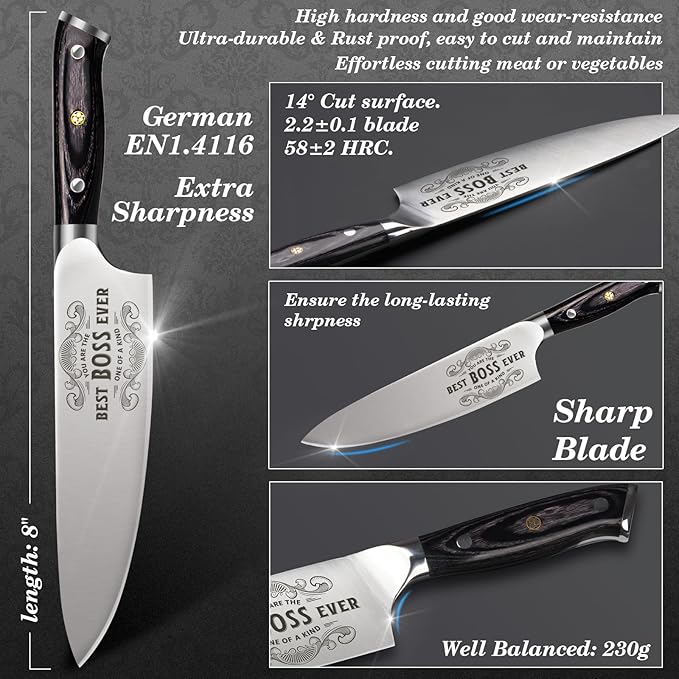 Gifts for Men Christmas, 8" Pro German 1.4116 Stainless Steel Chef Knife, Kitchen Knife Gift for Boss Day Birthday, Boss Gifts for Men Women, Christmas Stocking Stuffers
