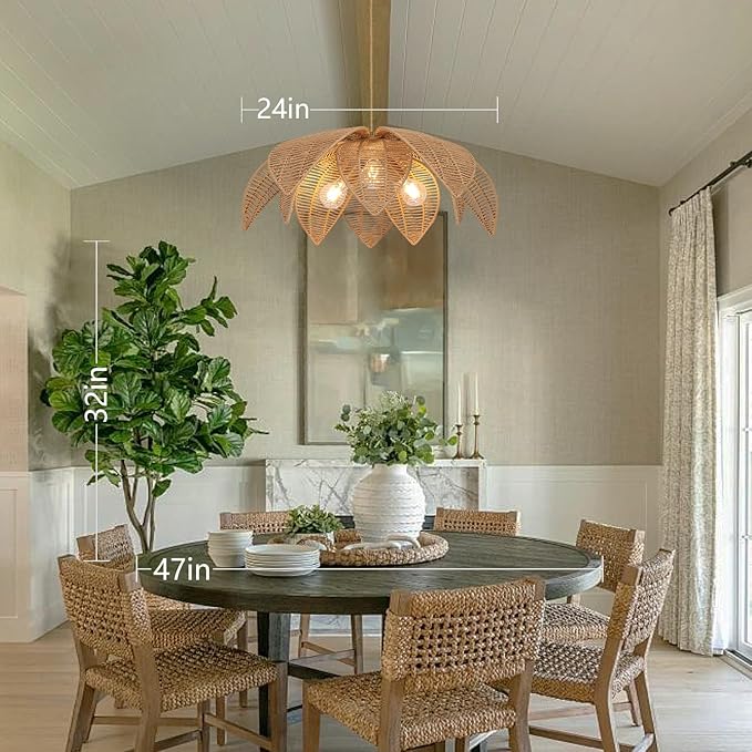 Farmhouse Chandeliers for Dining Room, 3-Light Rattan Boho Chandelier Light Fixture Hand Woven Wicker Pendant Light 24", Coastal Hanging Pendant Light for Kitchen Island Bedroom Living Room