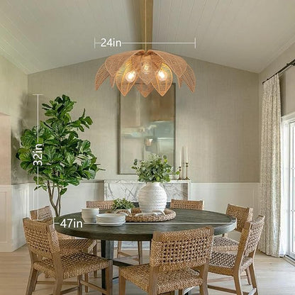 Farmhouse Chandeliers for Dining Room, 3-Light Rattan Boho Chandelier Light Fixture Hand Woven Wicker Pendant Light 24", Coastal Hanging Pendant Light for Kitchen Island Bedroom Living Room