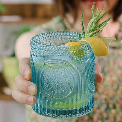 Kate Aspen Ribbed Retro Arch Floral Aqua Blue Drinking Glasses Set of 6, (10 oz) Vintage Glassware Set Cocktail Glass Set, Juice Glass, Water Cups | Great Hostess Gift & Gift for New Home Owners