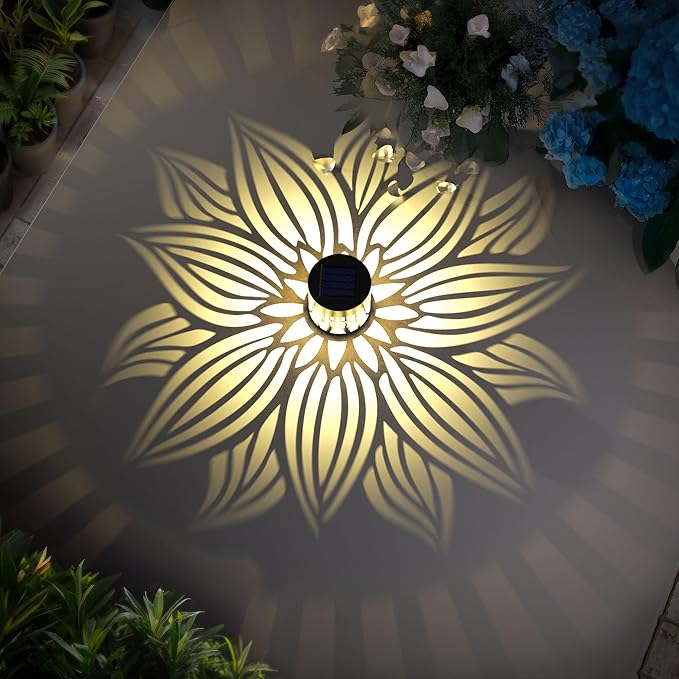 Solar Fence Lights 2 Pack Outdoor Deck Step Wall Lights Metal Waterproof LED Warm Yellow Light for Garden Post Patio Backyard Yard Decor (Flower, 2)