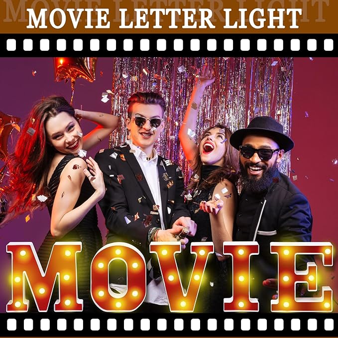 Movie Night Light up Letters Sign Party Decor Battery Powered Marquee Lighted Sign Alphabet LED Letter Lights for Xmas Movie Night Theme Party Birthday Home Tabletop Decor Supplies Xmas Gift