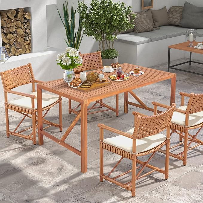 Tangkula Indoor Outdoor Acacia Wood Dining Table for 4-6 Person, Patio Rectangular Dining Table with 2 Inch Umbrella Hole and Support Bars, Outdoor Patio Table