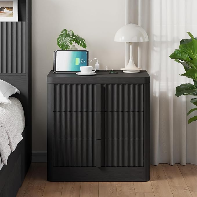 Fluted Nightstand with Charging Station, 23.6" Night Stand with Solid Wood Handle, Mid Century Moden Bedside Table End Table 3 Drawer Dresser for Bedroom, Living Room, Black