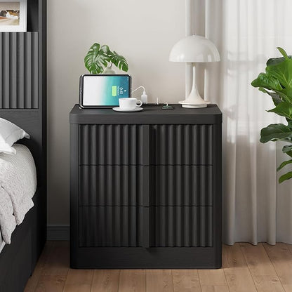 Fluted Nightstand with Charging Station, 23.6" Night Stand with Solid Wood Handle, Mid Century Moden Bedside Table End Table 3 Drawer Dresser for Bedroom, Living Room, Black