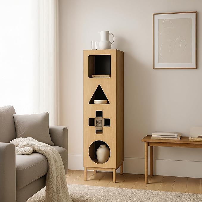 WERMO 18’’ Showcase Display Cabinet with Geometric Cut-Out Doors - Modern Curio Cabinet for Dining Room, Living Room, Entryway. Trophy Case and Collectible Display Case Wood with Door & Storage Consoles (Oak)