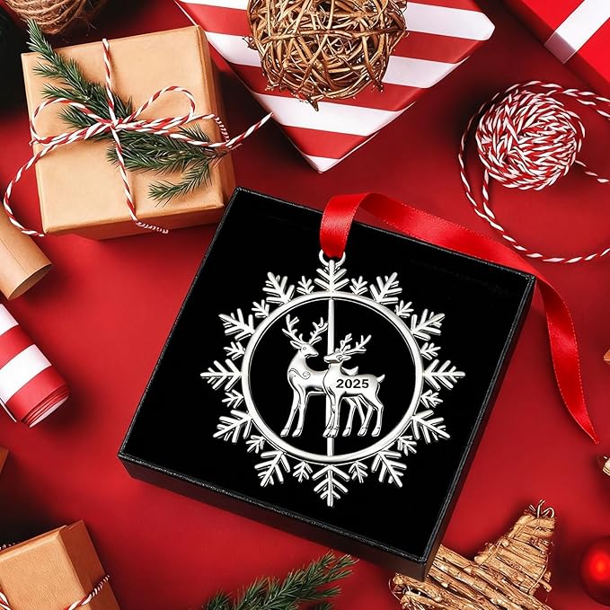 Christmas Ornaments 2025 for Tree Decoration Metal Snowflake Ornament 2025 Dated Xmas Wreath with Rotatable Reindeer Shiny Silver Holiday Decorative Keepsake Gifts for Family Friends