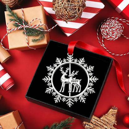Christmas Ornaments 2025 for Tree Decoration Metal Snowflake Ornament 2025 Dated Xmas Wreath with Rotatable Reindeer Shiny Silver Holiday Decorative Keepsake Gifts for Family Friends
