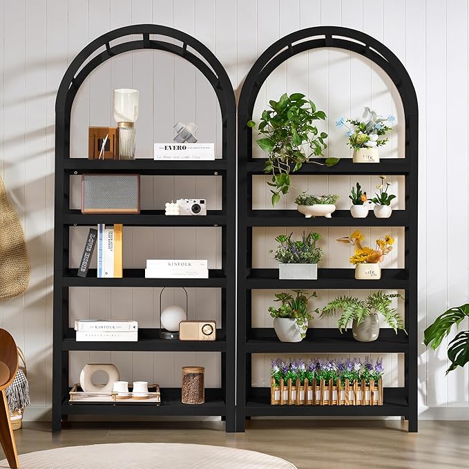 5-Tier Solid Wood Open Bookcase, Modern Arched Bookshelf, Home Office Shelf Storage Organizer, Storage Display Rack Shelf for Living Room (Black)