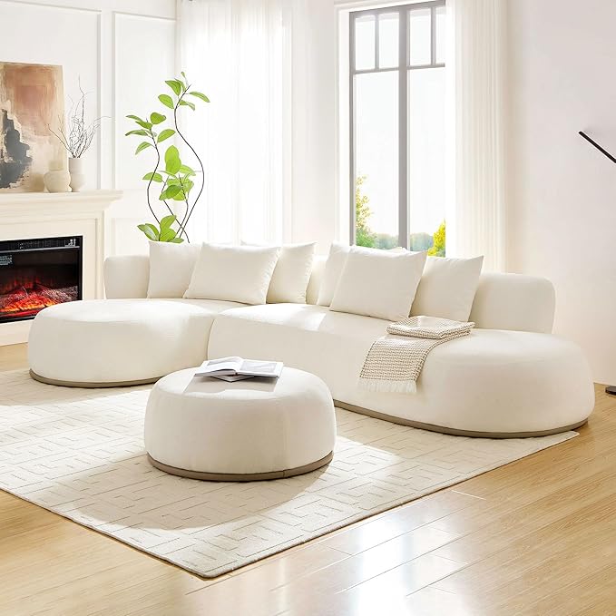 WILLIAMSPACE 134.63" Oversize Curved Sofa Cloud Couch with Round Chaise & Ottoman, Modern Upholstered Curved Sectional Sofa Couch with 6 Pillows for Living Room, No Assembly (Left-Facing,Cream White)
