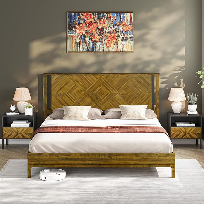 Bme Ethan Solid Wood Queen Bed Frame with Diamond Headboard - Rustic & Mid-century Modern - Acacia Wood Platform Bed - Compatible with All Mattresses - No Box Spring Needed - Rustic Brown
