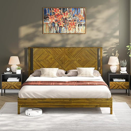 Bme Ethan Solid Wood Queen Bed Frame with Diamond Headboard - Rustic & Mid-century Modern - Acacia Wood Platform Bed - Compatible with All Mattresses - No Box Spring Needed - Rustic Brown