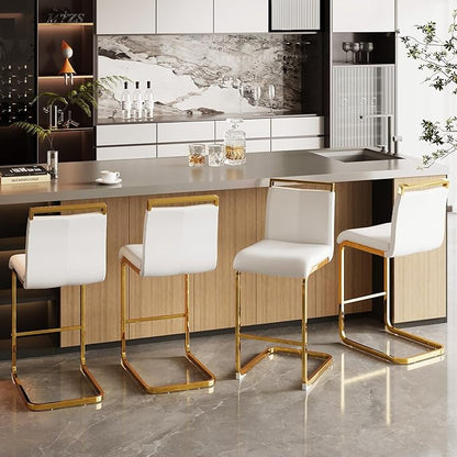 Bar Stools Set of 4,Gold Bar Stools with Back,25" White Island Chairs with Gold Chrome Plated Metal Leg,Faux Leather Counter Height Barstools for Pub Kitchen Counter Dining Chair