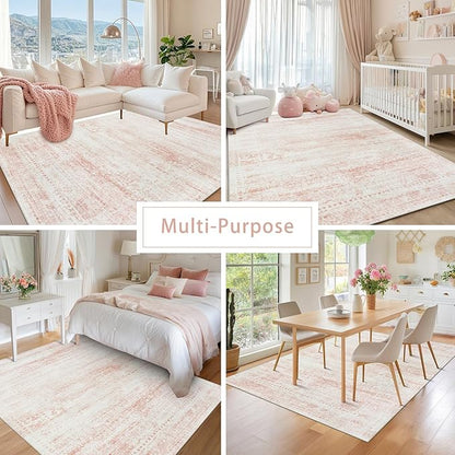 Washable Rugs 9x12 Area Rugs for Living Room,Rugs for Bedroom,Large Carpets,Ultra Soft Faux Wool Retro Dining Room Rug,Non Slip&Non-Shedding Low Pile Vintage Print Rug for Home Office-Pink White