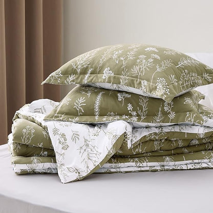 Bedsure Oversized Queen Comforter Set - Olive Green Bed Set, 3 Pieces Cute Floral Bedding, 1 Soft Reversible Botanical Flowers Comforter and 2 Pillow Shams