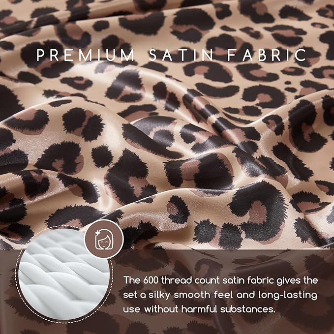 MR&HM Satin Bed Sheets with Elastic Corner Straps, California King Size Sheets Set, 4 Pcs Silky Bedding Set with 15 Inches Deep Pocket for Mattress (California King, Brown Leopard)