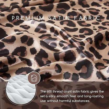 MR&HM Satin Bed Sheets, Twin XL Size Sheets Set, 3 Pcs Silky Bedding Set with 15 Inches Deep Pocket for Mattress (Twin XL, Brown Leopard)