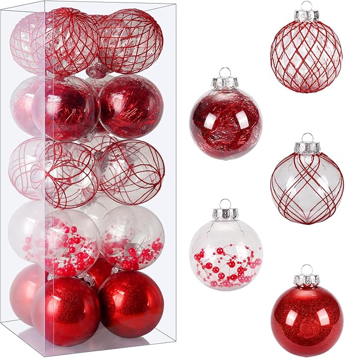 Christmas Ball Ornaments 20ct Red Clear Shatterproof Xmas Ball Decorations 80mm/3.15" Large Christmas Ornaments for Christmas Tree Decoration Hanging Bauble for Party Gifts