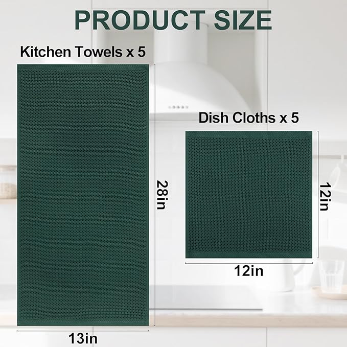 Homaxy 100% Cotton Kitchen Towels and Dishcloths Set, 12 x 12 Inches and 13 x 28 Inches, Set of 10 Bulk Kitchen Towels Set, Ultra Soft Absorbent Dish Cloths for Washing Dishes, Blackish Green