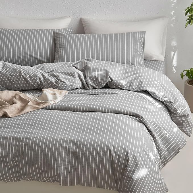 MooMee Striped Duvet Cover Set 100% Washed Cotton Linen Like Textured Breathable Durable Soft Comfy (Light Grey White Wide Stripes, Palatial King/Oversized King 120"x98")