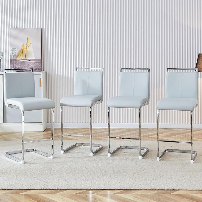 Bar Stools Set of 4,25" Counter Height Bar Stools with Footrest,Light Grey Faux Leather Kitchen Stool with Chrome Plated Metal Leg,Counter Height Stool Ideal for Island Pub Kitchen Counter Dining Chair