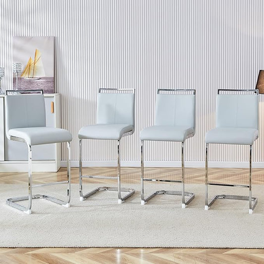 Bar Stools Set of 4,25" Counter Height Bar Stools with Footrest,Light Grey Faux Leather Kitchen Stool with Chrome Plated Metal Leg,Counter Height Stool Ideal for Island Pub Kitchen Counter Dining Chair