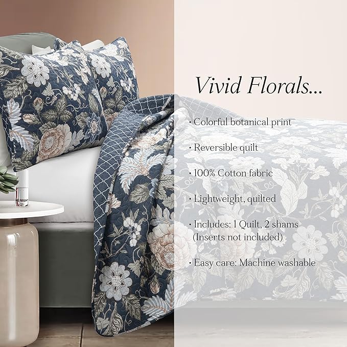 Lush Decor Sydney Reversible Cotton Quilt Set Queen 3 Piece Bedding, Navy Multi