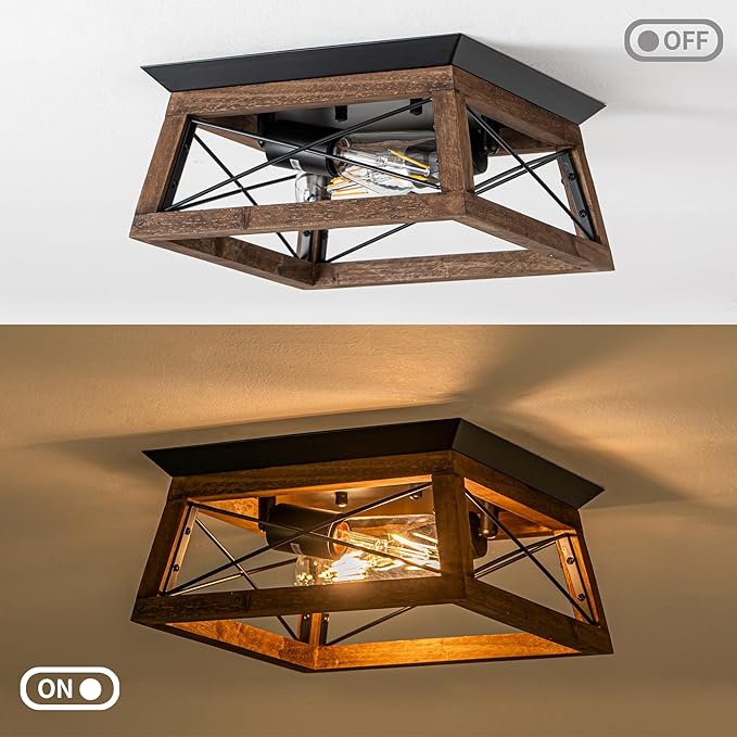 Farmhouse Ceiling Light, 2-Light Flush Mount Light Fixture with Metal and Wood Design, Rustic Light Fixture for Kitchen, Entryway, Hallway, Bedroom