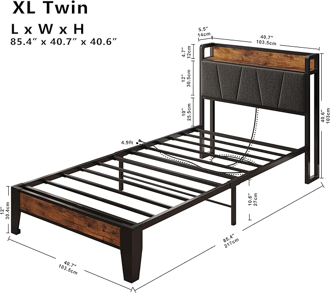 LIKIMIO Twin XL Bed Frames, Storage Headboard with Charging Station, Solid and Stable, Noise Free, No Box Spring Needed, Easy Assembly