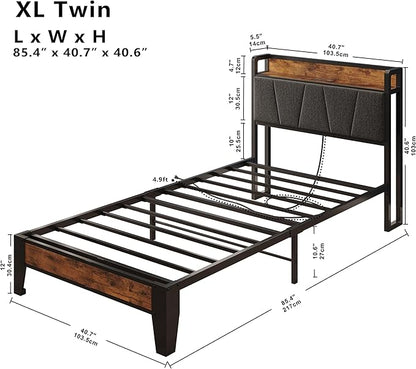 LIKIMIO Twin XL Bed Frames, Storage Headboard with Charging Station, Solid and Stable, Noise Free, No Box Spring Needed, Easy Assembly