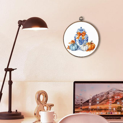 Hxlac Chinoiserie Pumpkin Fall Round Wall Art Framed, Blue and White Porcelain Pumpkin Round Wall Decor, Coquette Bow Chinoiserie Hanging Canvas Prints Wall Sculptures for Home Room Decor, 10x10 Inch