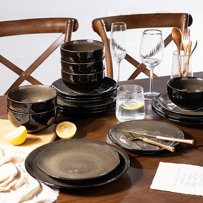 LeRatio Ceramic Dinnerware Sets for 6,Stoneware Plates and Bowls Sets,Handmade Reactive Glaze Dishes Set,Chip Resistant and Scratch Resistant | Oven&Dishwasher & Microwave Safe-Espresso Brown(18PCS)