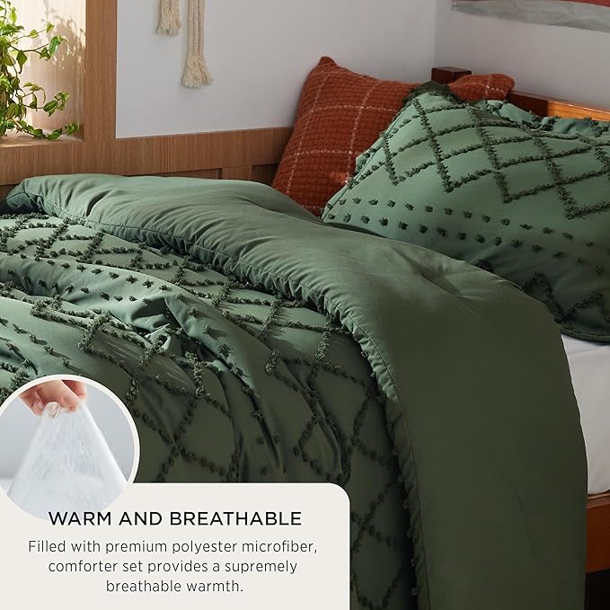 Bedsure Twin Comforter Set - Olive Green Comforter, Boho Tufted Shabby Chic Bedding for Kids, 2 Pieces Vintage Farmhouse Bed Set for All Seasons, Fluffy Soft Bedding with 1 Pillow Sham