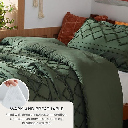 Bedsure Twin Comforter Set - Olive Green Comforter, Boho Tufted Shabby Chic Bedding for Kids, 2 Pieces Vintage Farmhouse Bed Set for All Seasons, Fluffy Soft Bedding with 1 Pillow Sham
