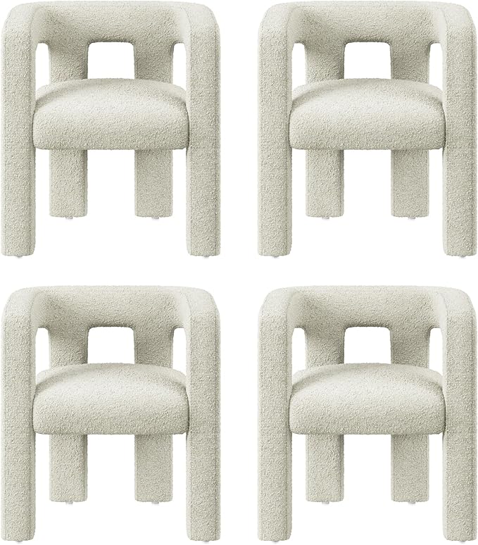 BELLEZE Modern Boucle Barrel Dining Chair Set of 4, Upholstered Linen Kitchen Boucle Armchair with Sidearms and Back, for Dining Room Living Room- Cream