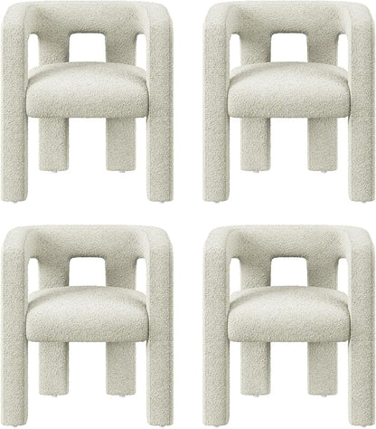 BELLEZE Modern Boucle Barrel Dining Chair Set of 4, Upholstered Linen Kitchen Boucle Armchair with Sidearms and Back, for Dining Room Living Room- Cream