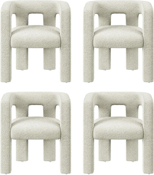 BELLEZE Modern Boucle Barrel Dining Chair Set of 4, Upholstered Linen Kitchen Boucle Armchair with Sidearms and Back, for Dining Room Living Room- Cream