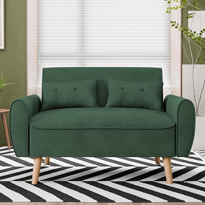 Vongrasig Small Modern Loveseat Sofa 47" Mid Century Linen 2 Seat Couch Tufted Love Seat, Green
