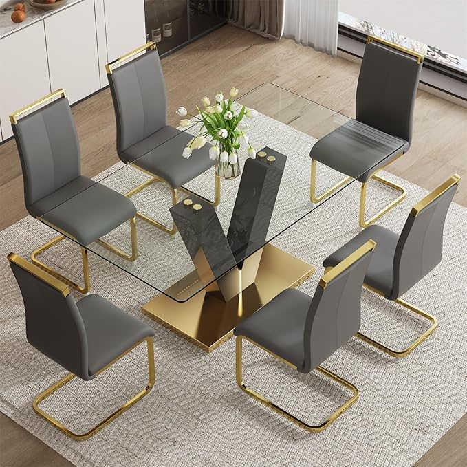 71" Glass Dining Table Set for 6, Dining Table Set 6, Modern Kitchen Table and 6 PU Chairs, Tempered Glass Top and MDF Base, Dining Room Table Set for 6