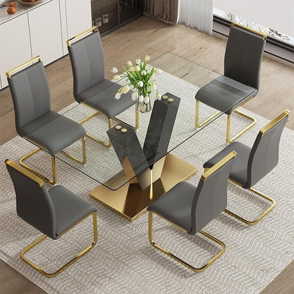 71" Glass Dining Table Set for 6, Dining Table Set 6, Modern Kitchen Table and 6 PU Chairs, Tempered Glass Top and MDF Base, Dining Room Table Set for 6