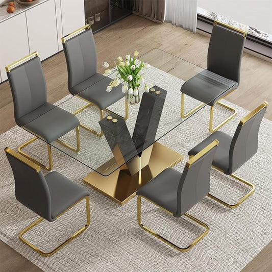 71" Glass Dining Table Set for 6, Dining Table Set 6, Modern Kitchen Table and 6 PU Chairs, Tempered Glass Top and MDF Base, Dining Room Table Set for 6