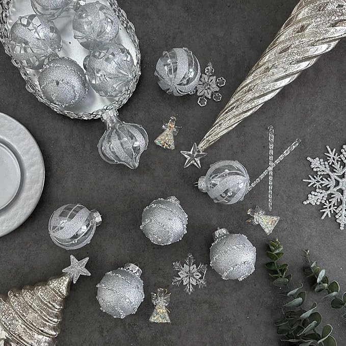 XmasExp Christmas Ball Ornaments Set 12ct Large Shatterproof Pastic Christmas Tree Decorations Delicate Hanging Ornaments (2.76", Diamond Silver)