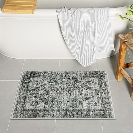 Uphome Boho Bathroom Rugs, Distressed Farmhouse Brown Bath Mat, Comfy Velvet Small Bath Rugs Non Slip Washable, Vintage Oriental Toilet Rug for Sink Shower Vanity, 18x26 inch