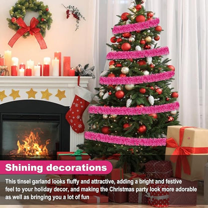 50 Feet Pink Christmas Tinsel Garland, Metallic Foil Twist Garland Wall Hanging Tinsel Banner Backdrop for Parade Floats, Easter, Mother's Day, Wedding Party Decorations (2in x 50ft)
