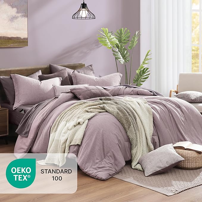 Monbix Queen Comforter Set - 7 Pieces Cationic Dyeing Lilac Bed in a Bag Queen Bedding Sets with Comforter, Sheets, Pillowcases & Shams, Reversible Bedding Comforters Sets