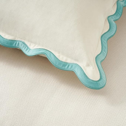 MONDAY MOOSE Decorative Throw Pillow Covers Cushion Cases, Set of 2 Soft Velvet Scalloped Wavy Edge Designs, Mix and Match for Home Decor, Pillow Inserts Not Included (White/Light Blue, 18x18 inch)